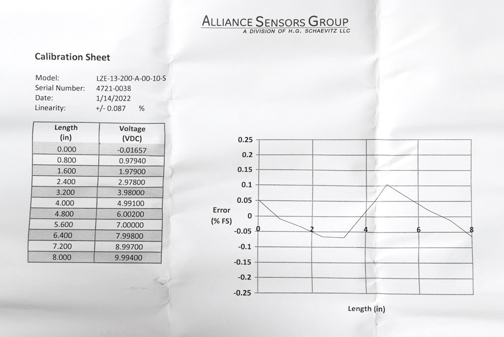 Alliance Sensors inductive linear position sensor, fixed slide, 200mm stroke, 4mm shaft diameter, 0-10 VDC output, 12.7mm diameter x 215.9mm body, M4 x 0.7 mount, pigtail, 3.2ft/1m cable length.-LZE13-200A-00-10S