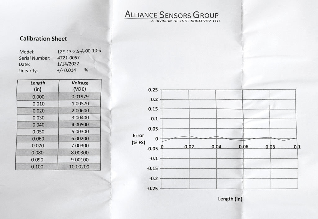 Alliance Sensors inductive linear position sensor, fixed slide, 2.5mm stroke, 4mm shaft diameter, 0-10 VDC output, 12.7mm diameter x 35.8mm body, M4 x 0.7 mount, pigtail, 3.2ft/1m cable length.-LZE13-2.5A-00-10S