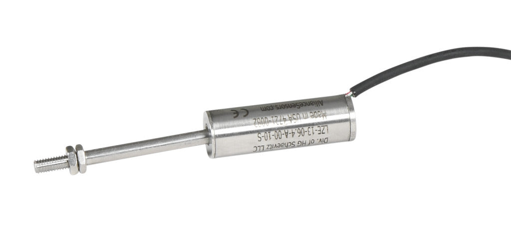 Alliance Sensors inductive linear position sensor, fixed slide, 6.4mm stroke, 4mm shaft diameter, 0-10 VDC output, 12.7mm diameter x 35.8mm body, M4 x 0.7 mount, pigtail, 3.2ft/1m cable length.-LZE13-6.4A-00-10S