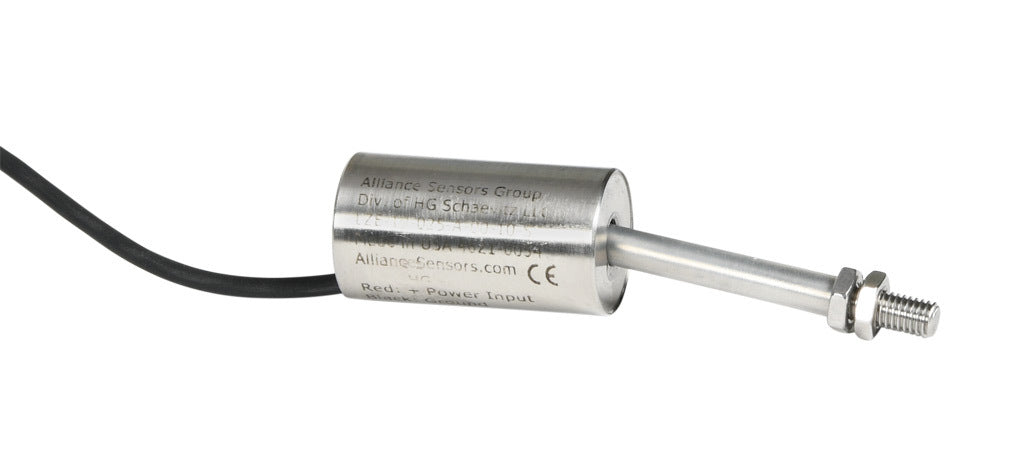 Alliance Sensors inductive linear position sensor, fixed slide, 25mm stroke, 5.2mm shaft diameter, 0-10 VDC output, 19mm diameter x 35mm body, M5 x 0.8 mount, pigtail, 3.2ft/1m cable length.-LZE19-025A-00-10S