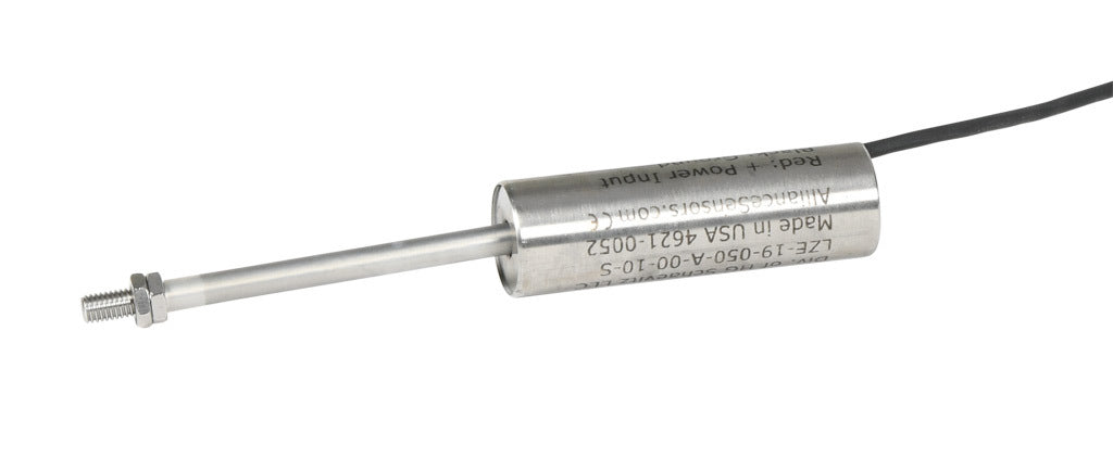 Alliance Sensors inductive linear position sensor, fixed slide, 50mm stroke, 5.2mm shaft diameter, 0-10 VDC output, 19mm diameter x 60.5mm body, M5 x 0.8 mount, pigtail, 3.2ft/1m cable length.-LZE19-050A-00-10S