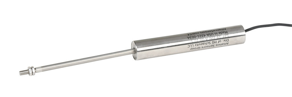 Alliance Sensors inductive linear position sensor, fixed slide, 100mm stroke, 5.2mm shaft diameter, 0-10 VDC output, 19mm diameter x 111.1mm body, M5 x 0.8 mount, pigtail, 3.2ft/1m cable length.-LZE19-100A-00-10S