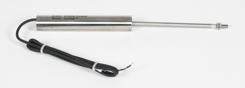 Alliance Sensors inductive linear position sensor, fixed slide, 100mm stroke, 5.2mm shaft diameter, 0-10 VDC output, 19mm diameter x 111.1mm body, M5 x 0.8 mount, pigtail, 3.2ft/1m cable length.-LZE19-100A-00-10S