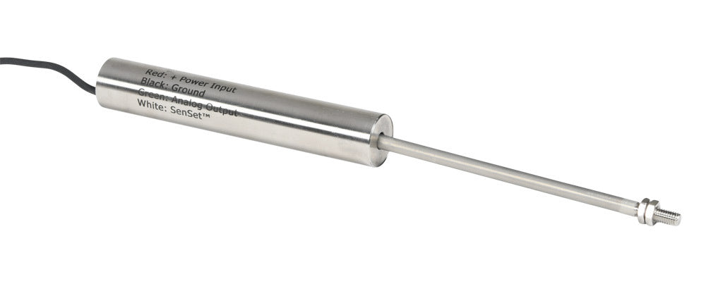 Alliance Sensors inductive linear position sensor, fixed slide, 100mm stroke, 5.2mm shaft diameter, 0-10 VDC output, 19mm diameter x 111.1mm body, M5 x 0.8 mount, pigtail, 3.2ft/1m cable length.-LZE19-100A-00-10S