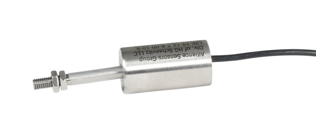 Alliance Sensors inductive linear position sensor, fixed slide, 12.7mm stroke, 5.2mm shaft diameter, 0-10 VDC output, 19mm diameter x 35mm body, M5 x 0.8 mount, pigtail, 3.2ft/1m cable length.-LZE19-12.7A-00-10S