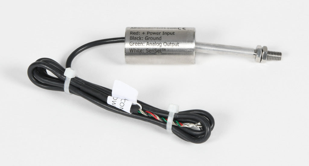 Alliance Sensors inductive linear position sensor, fixed slide, 12.7mm stroke, 5.2mm shaft diameter, 0-10 VDC output, 19mm diameter x 35mm body, M5 x 0.8 mount, pigtail, 3.2ft/1m cable length.-LZE19-12.7A-00-10S