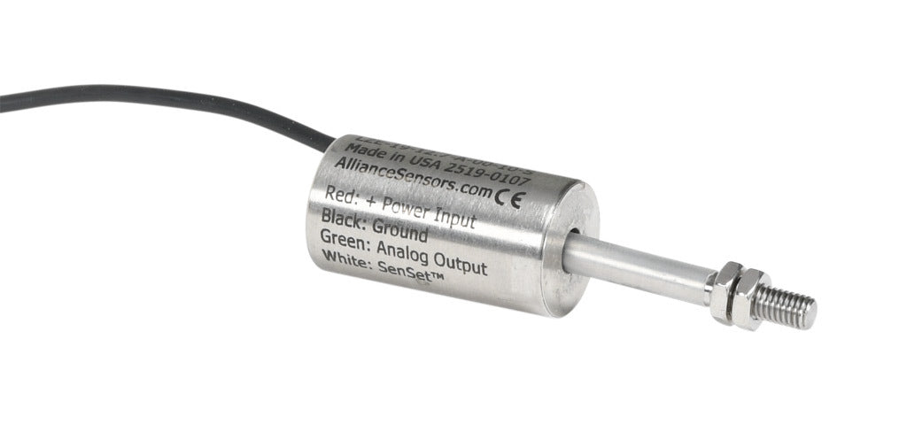 Alliance Sensors inductive linear position sensor, fixed slide, 12.7mm stroke, 5.2mm shaft diameter, 0-10 VDC output, 19mm diameter x 35mm body, M5 x 0.8 mount, pigtail, 3.2ft/1m cable length.-LZE19-12.7A-00-10S