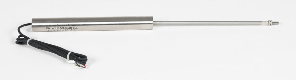 Alliance Sensors inductive linear position sensor, fixed slide, 150mm stroke, 5.2mm shaft diameter, 0-10 VDC output, 19mm diameter x 165.1mm body, M5 x 0.8 mount, pigtail, 3.2ft/1m cable length.-LZE19-150A-00-10S