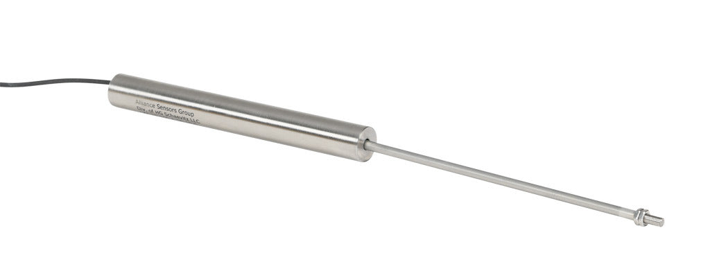 Alliance Sensors inductive linear position sensor, fixed slide, 150mm stroke, 5.2mm shaft diameter, 0-10 VDC output, 19mm diameter x 165.1mm body, M5 x 0.8 mount, pigtail, 3.2ft/1m cable length.-LZE19-150A-00-10S