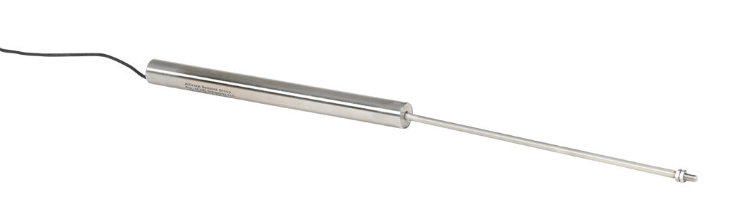Alliance Sensors inductive linear position sensor, fixed slide, 200mm stroke, 5.2mm shaft diameter, 0-10 VDC output, 19mm diameter x 215.9mm body, M5 x 0.8 mount, pigtail, 3.2ft/1m cable length.-LZE19-200A-00-10S