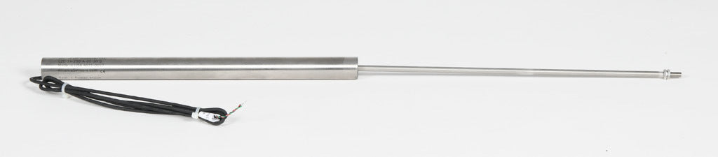 Alliance Sensors inductive linear position sensor, fixed slide, 250mm stroke, 5.2mm shaft diameter, 0-10 VDC output, 19mm diameter x 266.7mm body, M5 x 0.8 mount, pigtail, 3.2ft/1m cable length.-LZE19-250A-00-10S