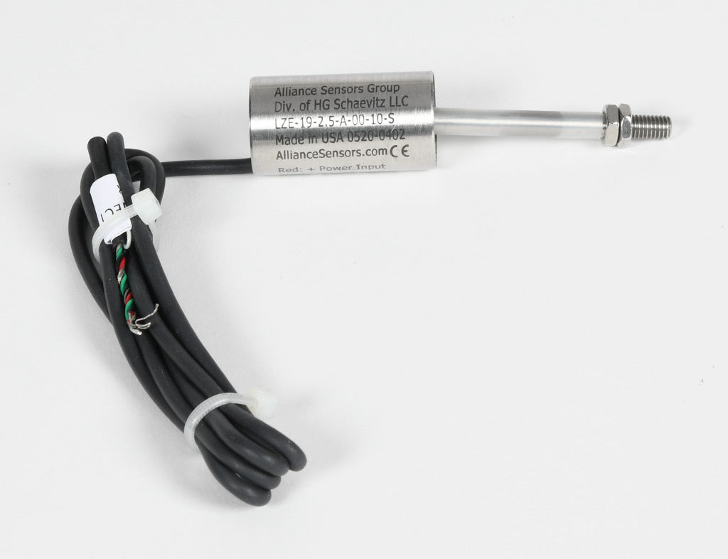 Alliance Sensors inductive linear position sensor, fixed slide, 2.5mm stroke, 5.2mm shaft diameter, 0-10 VDC output, 19mm diameter x 35mm body, M5 x 0.8 mount, pigtail, 3.2ft/1m cable length.-LZE19-2.5A-00-10S