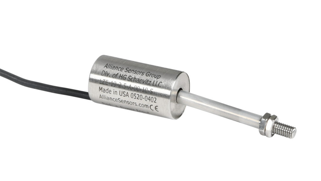 Alliance Sensors inductive linear position sensor, fixed slide, 2.5mm stroke, 5.2mm shaft diameter, 0-10 VDC output, 19mm diameter x 35mm body, M5 x 0.8 mount, pigtail, 3.2ft/1m cable length.-LZE19-2.5A-00-10S