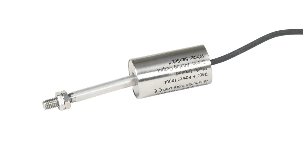 Alliance Sensors inductive linear position sensor, fixed slide, 6.4mm stroke, 5.2mm shaft diameter, 0-10 VDC output, 19mm diameter x 35mm body, M5 x 0.8 mount, pigtail, 3.2ft/1m cable length.-LZE19-6.4A-00-10S
