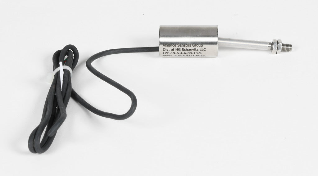 Alliance Sensors inductive linear position sensor, fixed slide, 6.4mm stroke, 5.2mm shaft diameter, 0-10 VDC output, 19mm diameter x 35mm body, M5 x 0.8 mount, pigtail, 3.2ft/1m cable length.-LZE19-6.4A-00-10S