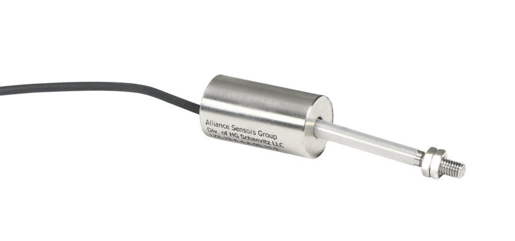 Alliance Sensors inductive linear position sensor, fixed slide, 6.4mm stroke, 5.2mm shaft diameter, 0-10 VDC output, 19mm diameter x 35mm body, M5 x 0.8 mount, pigtail, 3.2ft/1m cable length.-LZE19-6.4A-00-10S