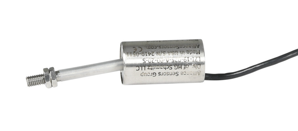 Alliance Sensors inductive linear position sensor, fixed slide, 25mm stroke, 5.2mm shaft diameter, 4-20 mA output, 19mm diameter x 35mm body, M5 x 0.8 mount, pigtail, 3.2ft/1m cable length.-LZI19-025A-00-20S