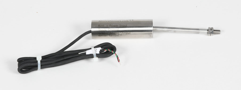 Alliance Sensors inductive linear position sensor, fixed slide, 50mm stroke, 5.2mm shaft diameter, 4-20 mA output, 19mm diameter x 60.5mm body, M5 x 0.8 mount, pigtail, 3.2ft/1m cable length.-LZI19-050A-00-20S