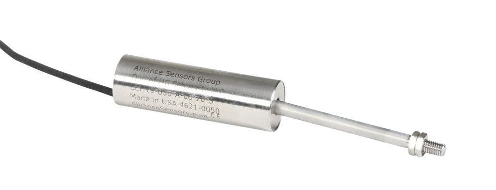 Alliance Sensors inductive linear position sensor, fixed slide, 50mm stroke, 5.2mm shaft diameter, 4-20 mA output, 19mm diameter x 60.5mm body, M5 x 0.8 mount, pigtail, 3.2ft/1m cable length.-LZI19-050A-00-20S