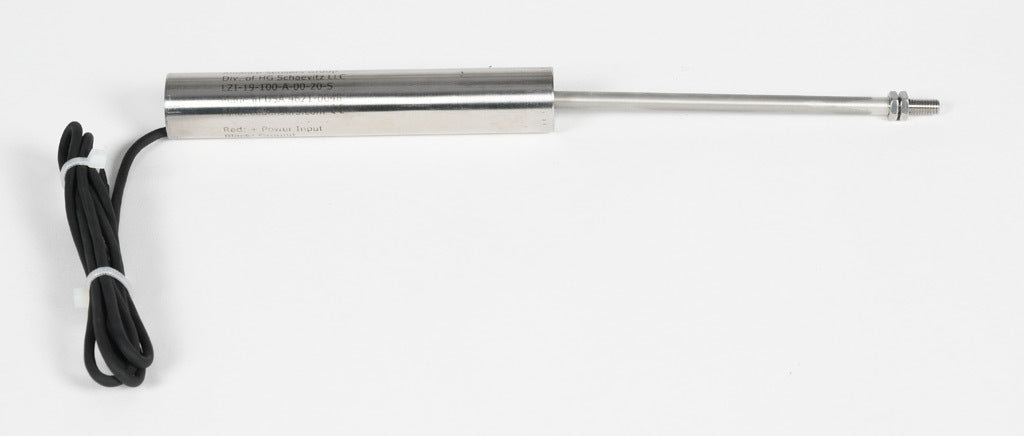 Alliance Sensors inductive linear position sensor, fixed slide, 100mm stroke, 5.2mm shaft diameter, 4-20 mA output, 19mm diameter x 111.1mm body, M5 x 0.8 mount, pigtail, 3.2ft/1m cable length.-LZI19-100A-00-20S
