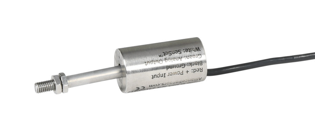 Alliance Sensors inductive linear position sensor, fixed slide, 12.7mm stroke, 5.2mm shaft diameter, 4-20 mA output, 19mm diameter x 35mm body, M5 x 0.8 mount, pigtail, 3.2ft/1m cable length.-LZI19-12.7A-00-20S