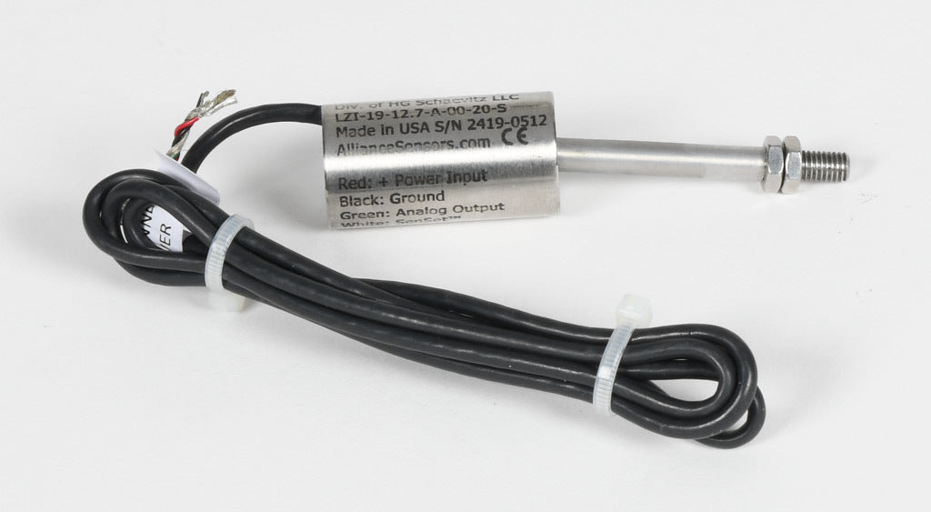 Alliance Sensors inductive linear position sensor, fixed slide, 12.7mm stroke, 5.2mm shaft diameter, 4-20 mA output, 19mm diameter x 35mm body, M5 x 0.8 mount, pigtail, 3.2ft/1m cable length.-LZI19-12.7A-00-20S