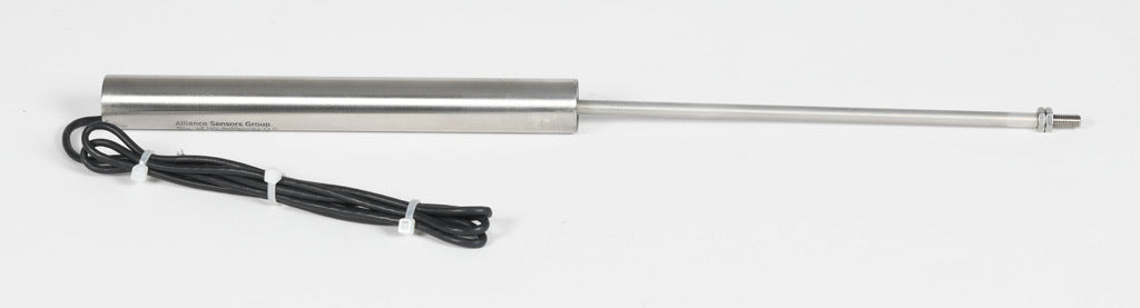 Alliance Sensors inductive linear position sensor, fixed slide, 150mm stroke, 5.2mm shaft diameter, 4-20 mA output, 19mm diameter x 165.1mm body, M5 x 0.8 mount, pigtail, 3.2ft/1m cable length.-LZI19-150A-00-20S