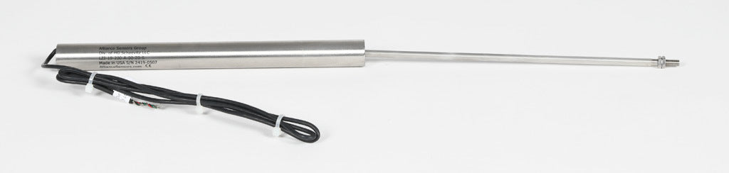 Alliance Sensors inductive linear position sensor, fixed slide, 200mm stroke, 5.2mm shaft diameter, 4-20 mA output, 19mm diameter x 215.9mm body, M5 x 0.8 mount, pigtail, 3.2ft/1m cable length.-LZI19-200A-00-20S