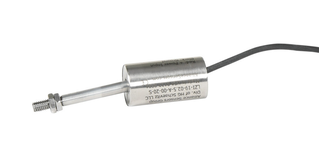 Alliance Sensors inductive linear position sensor, fixed slide, 2.5mm stroke, 5.2mm shaft diameter, 4-20 mA output, 19mm diameter x 35mm body, M5 x 0.8 mount, pigtail, 3.2ft/1m cable length.-LZI19-2.5A-00-20S