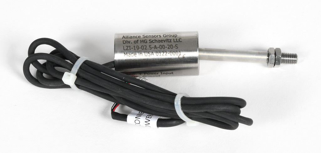 Alliance Sensors inductive linear position sensor, fixed slide, 2.5mm stroke, 5.2mm shaft diameter, 4-20 mA output, 19mm diameter x 35mm body, M5 x 0.8 mount, pigtail, 3.2ft/1m cable length.-LZI19-2.5A-00-20S