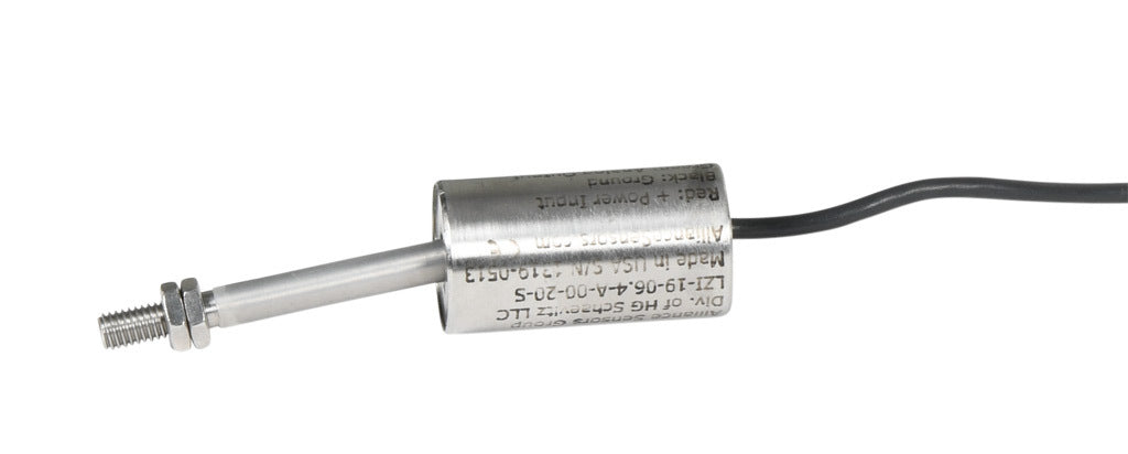 Alliance Sensors inductive linear position sensor, fixed slide, 6.4mm stroke, 5.2mm shaft diameter, 4-20 mA output, 19mm diameter x 35mm body, M5 x 0.8 mount, pigtail, 3.2ft/1m cable length.-LZI19-6.4A-00-20S