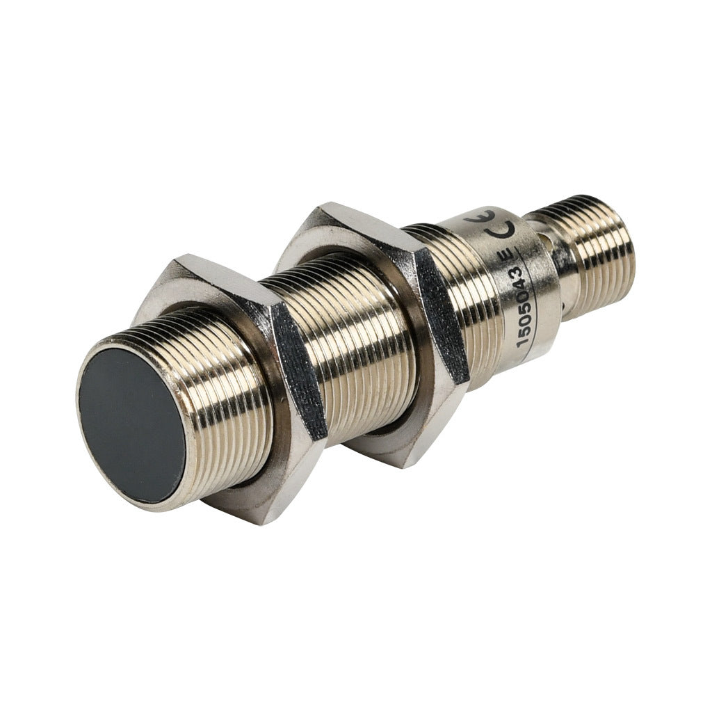 AchieVe inductive proximity sensor, tubular, 18mm diameter x 63.5mm body, nickel-plated brass housing, NPN, N.O. output, 5mm sensing distance, flush, 2 kHz switching frequency, IP67, 4-pin M12 quick-disconnect.-PAK-AN-1H