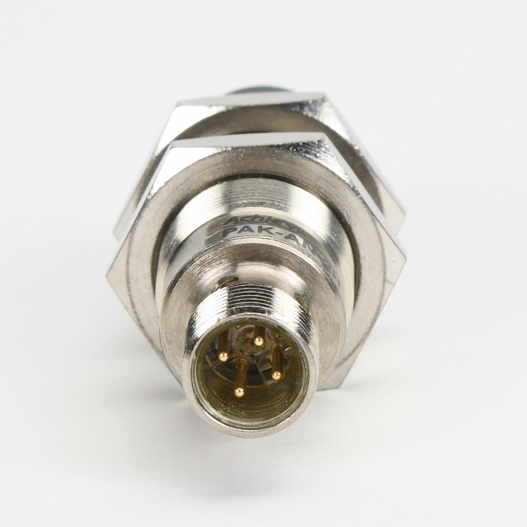 AchieVe inductive proximity sensor, tubular, 18mm diameter x 63.5mm body, nickel-plated brass housing, NPN, N.O. output, 8mm sensing distance, non-flush, 2 kHz switching frequency, IP67, 4-pin M12 quick-disconnect.-PAK-AN-2H