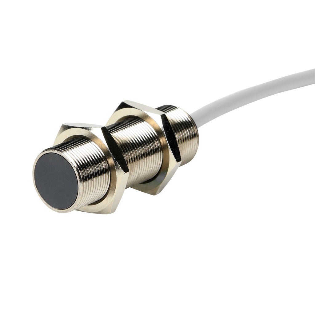 AchieVe inductive proximity sensor, tubular, 18mm diameter x 50mm body, nickel-plated brass housing, PNP, N.O. output, 5mm sensing distance, flush, 2 kHz switching frequency, IP67, pigtail.-PAK-AP-1A