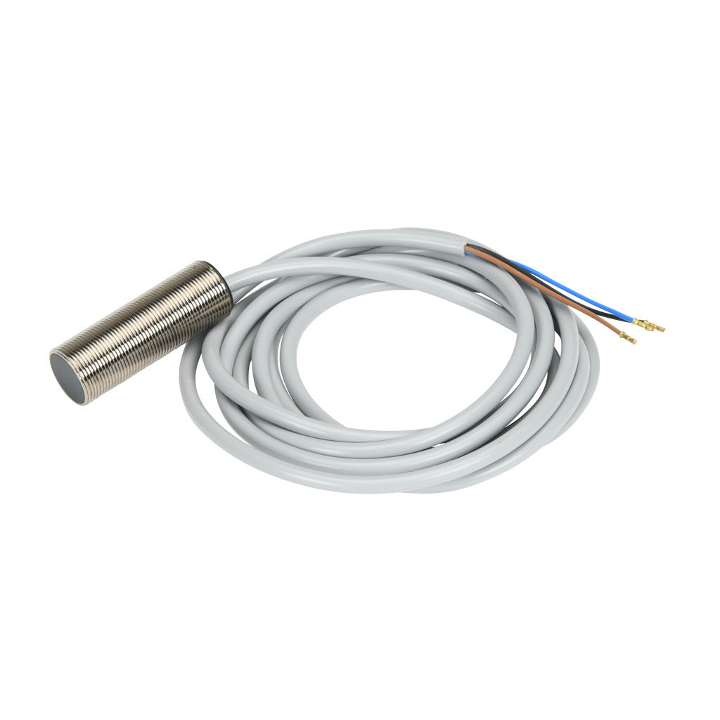 AchieVe inductive proximity sensor, tubular, 18mm diameter x 50mm body, nickel-plated brass housing, PNP, N.O. output, 5mm sensing distance, flush, 2 kHz switching frequency, IP67, pigtail.-PAK-AP-1A