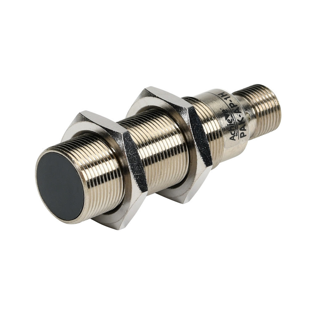AchieVe inductive proximity sensor, tubular, 18mm diameter x 63.5mm body, nickel-plated brass housing, PNP, N.O. output, 5mm sensing distance, flush, 2 kHz switching frequency, IP67, 4-pin M12 quick-disconnect.-PAK-AP-1H