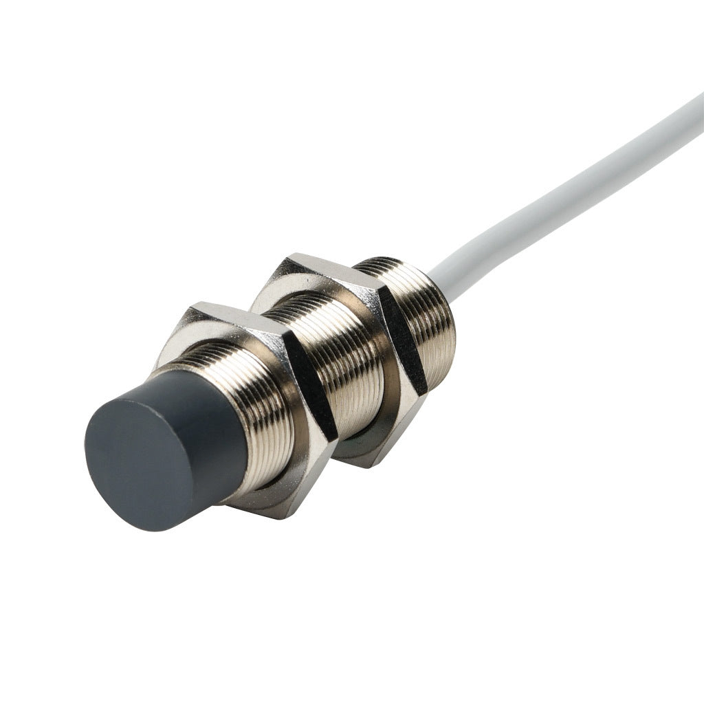 AchieVe inductive proximity sensor, tubular, 18mm diameter x 50mm body, nickel-plated brass housing, PNP, N.O. output, 8mm sensing distance, non-flush, 2 kHz switching frequency, IP67, pigtail.-PAK-AP-2A