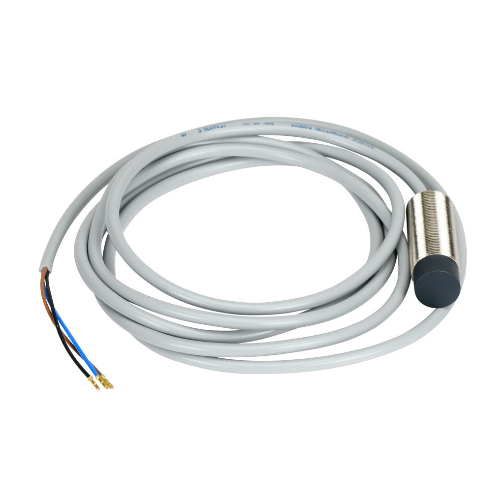 AchieVe inductive proximity sensor, tubular, 18mm diameter x 50mm body, nickel-plated brass housing, PNP, N.O. output, 8mm sensing distance, non-flush, 2 kHz switching frequency, IP67, pigtail.-PAK-AP-2A