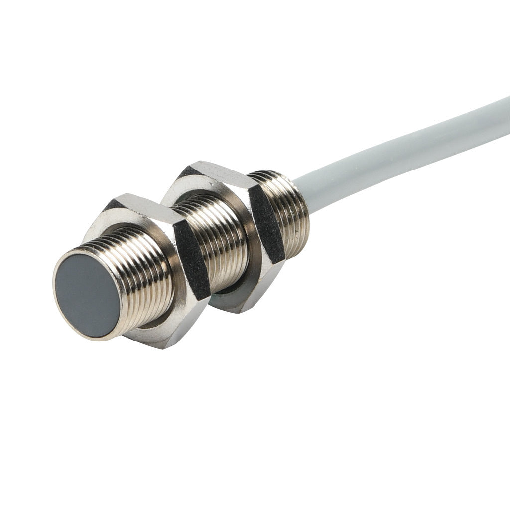 AchieVe inductive proximity sensor, tubular, 12mm diameter x 35mm body, nickel-plated brass housing, PNP, N.O. output, 2mm sensing distance, flush, 3 kHz switching frequency, IP67, pigtail.-PAM-AP-1A