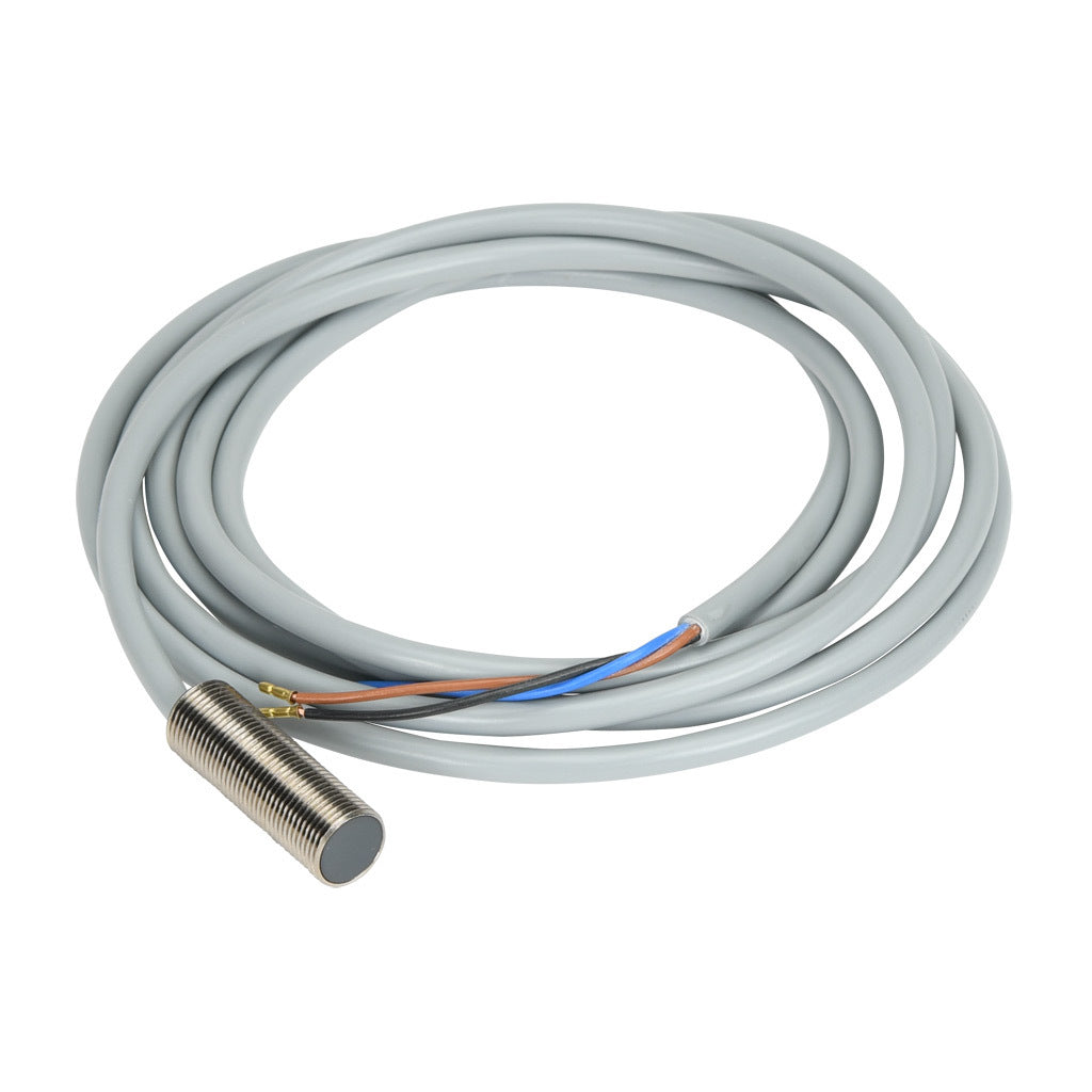AchieVe inductive proximity sensor, tubular, 12mm diameter x 35mm body, nickel-plated brass housing, PNP, N.O. output, 2mm sensing distance, flush, 3 kHz switching frequency, IP67, pigtail.-PAM-AP-1A