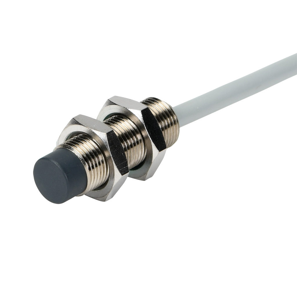 AchieVe inductive proximity sensor, tubular, 12mm diameter x 35mm body, nickel-plated brass housing, PNP, N.O. output, 4mm sensing distance, non-flush, 2 kHz switching frequency, IP67, pigtail.-PAM-AP-2A