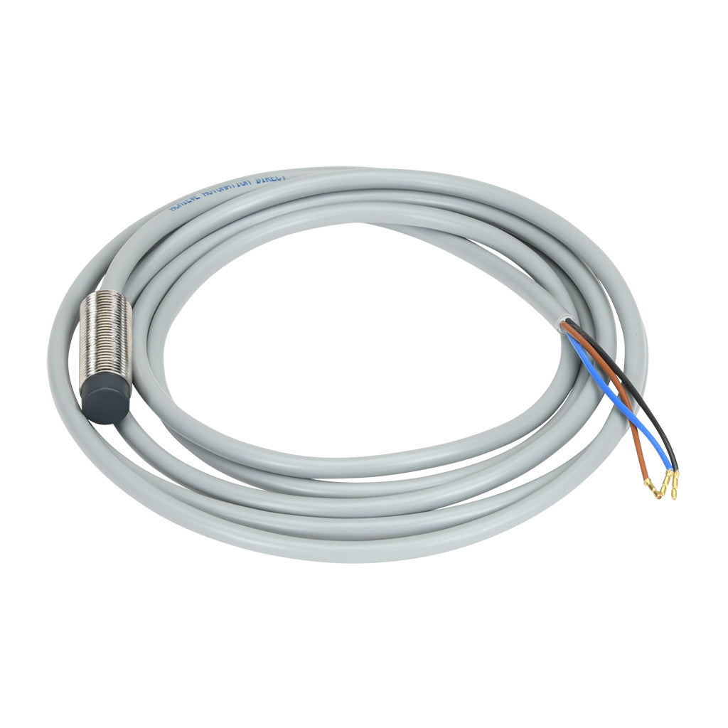 AchieVe inductive proximity sensor, tubular, 12mm diameter x 35mm body, nickel-plated brass housing, PNP, N.O. output, 4mm sensing distance, non-flush, 2 kHz switching frequency, IP67, pigtail.-PAM-AP-2A