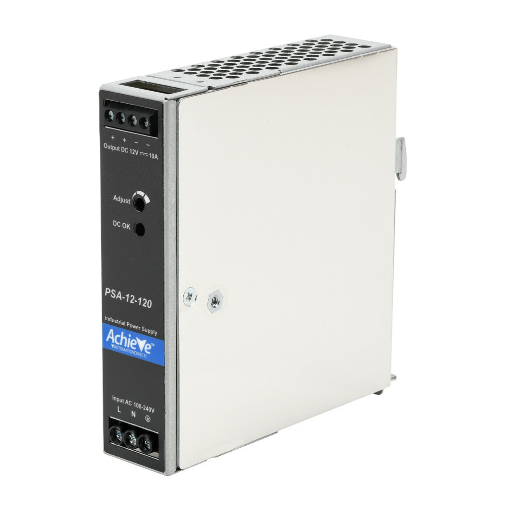 AchieVe PSA series switching power supply, 12 VDC @ 10A/120W, 120/240 VAC nominal input, 1-phase, enclosed, aluminum housing, 35mm DIN rail mount, screw terminals.-PSA-12-120