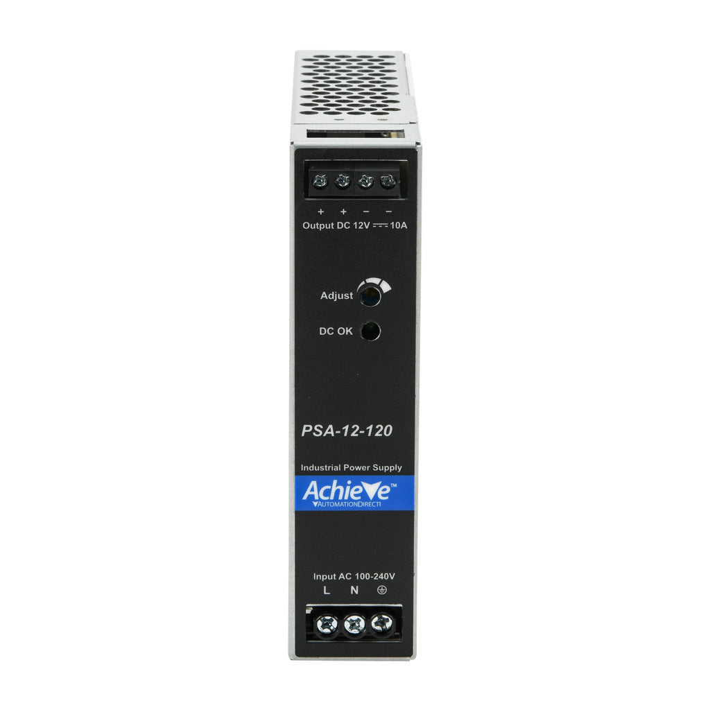 AchieVe PSA series switching power supply, 12 VDC @ 10A/120W, 120/240 VAC nominal input, 1-phase, enclosed, aluminum housing, 35mm DIN rail mount, screw terminals.-PSA-12-120