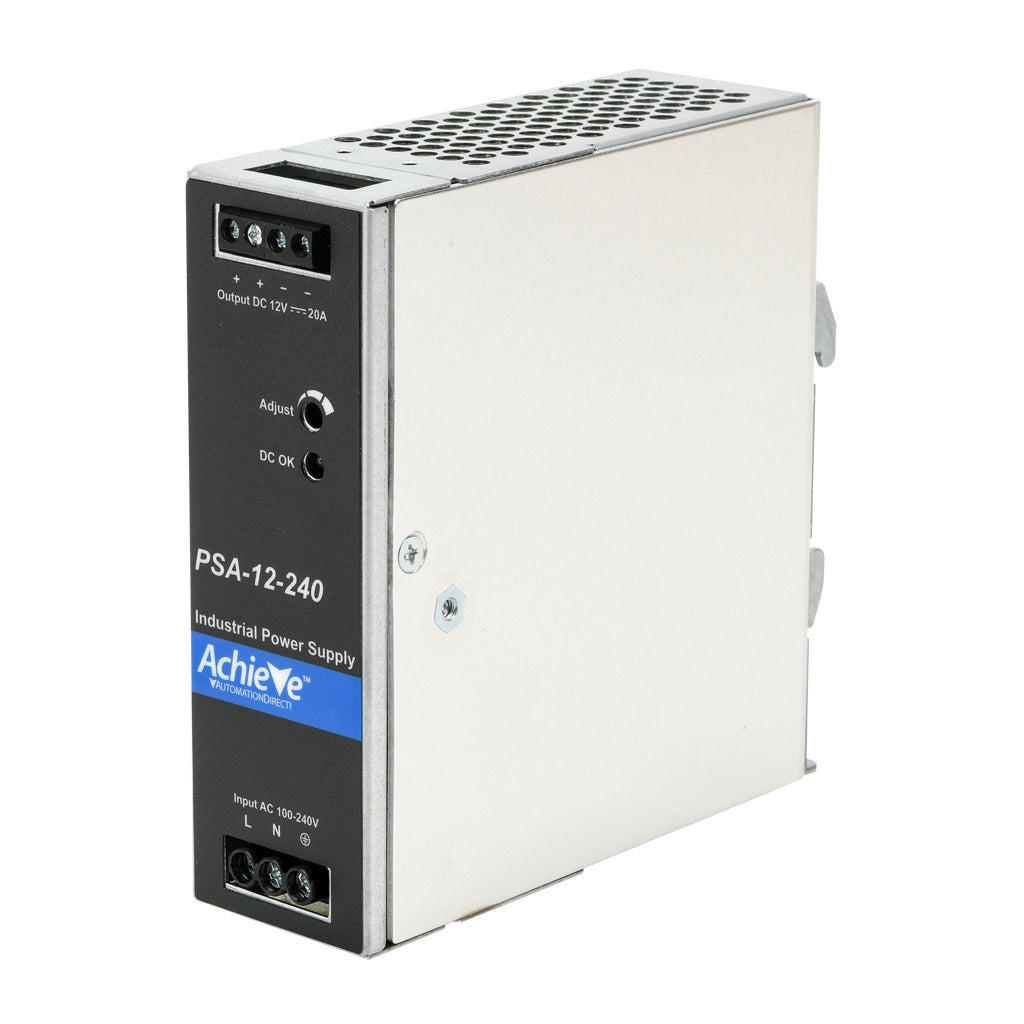AchieVe PSA series switching power supply, 12 VDC @ 20A/240W, 120/240 VAC nominal input, 1-phase, enclosed, aluminum housing, 35mm DIN rail mount, screw terminals.-PSA-12-240