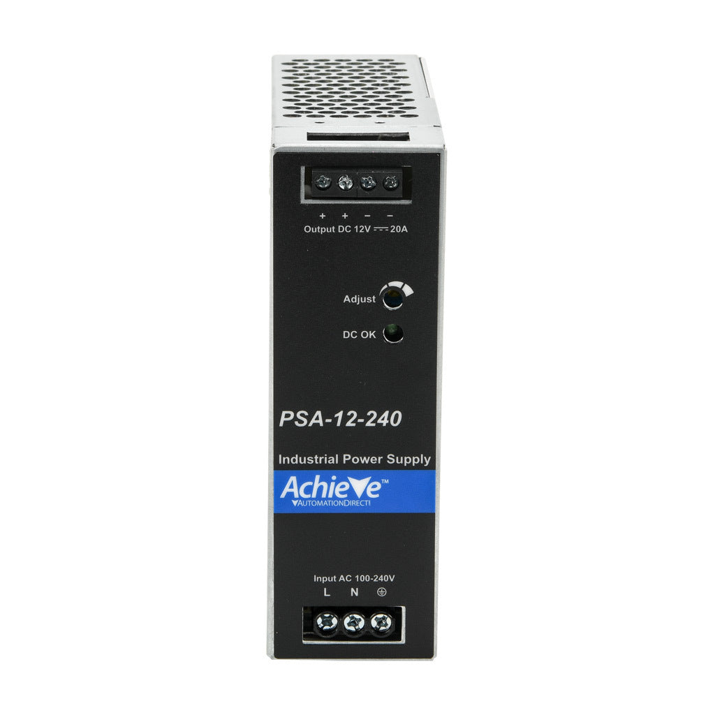 AchieVe PSA series switching power supply, 12 VDC @ 20A/240W, 120/240 VAC nominal input, 1-phase, enclosed, aluminum housing, 35mm DIN rail mount, screw terminals.-PSA-12-240
