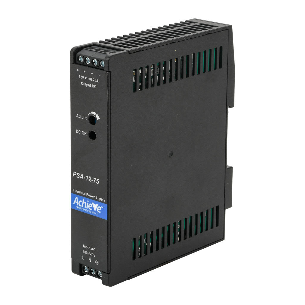AchieVe PSA series switching power supply, 12 VDC @ 6.2A/75W, 120/240 VAC nominal input, 1-phase, enclosed, plastic housing, 35mm DIN rail mount, screw terminals.-PSA-12-75