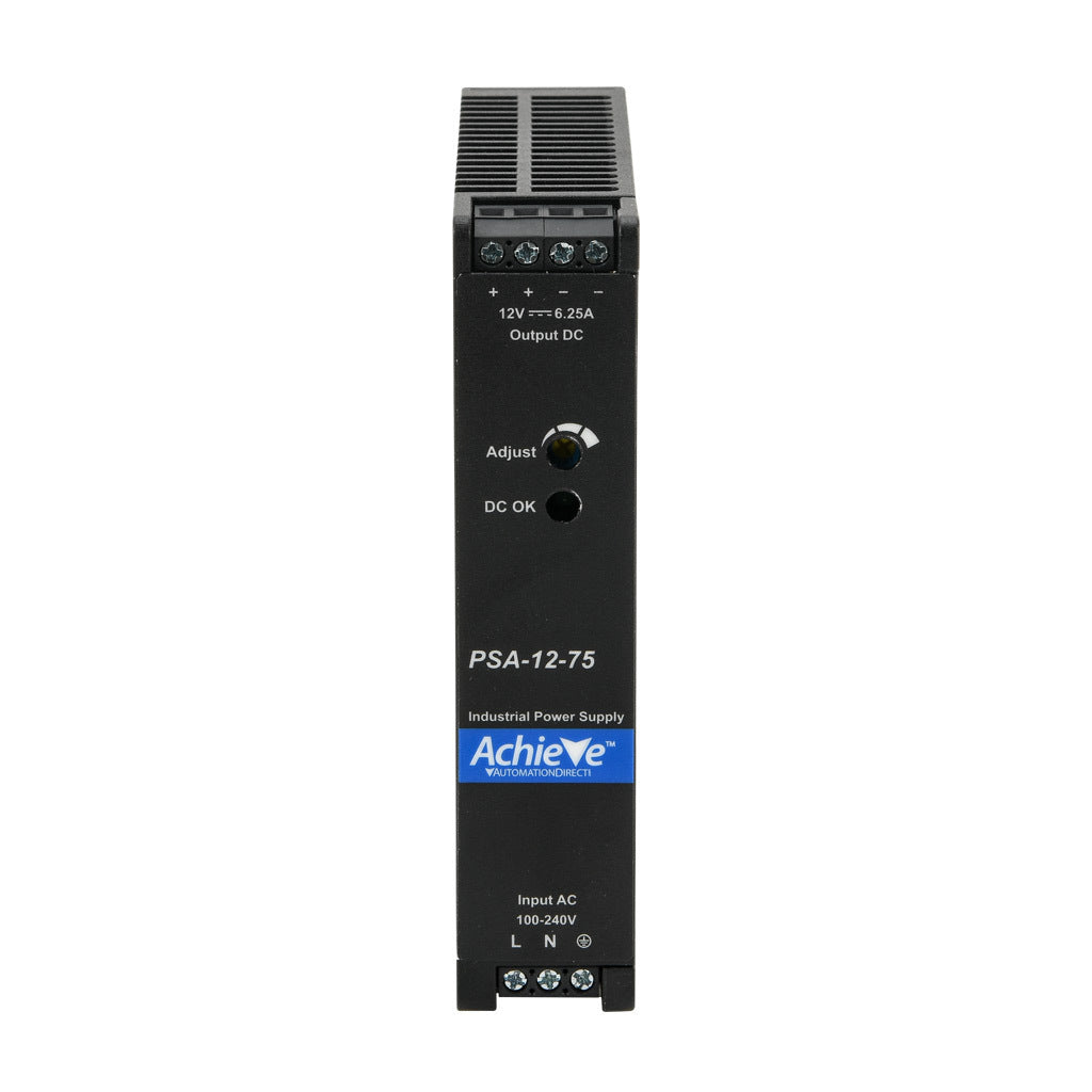 AchieVe PSA series switching power supply, 12 VDC @ 6.2A/75W, 120/240 VAC nominal input, 1-phase, enclosed, plastic housing, 35mm DIN rail mount, screw terminals.-PSA-12-75