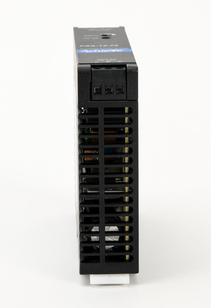 AchieVe PSA series switching power supply, 12 VDC @ 6.2A/75W, 120/240 VAC nominal input, 1-phase, enclosed, plastic housing, 35mm DIN rail mount, screw terminals.-PSA-12-75