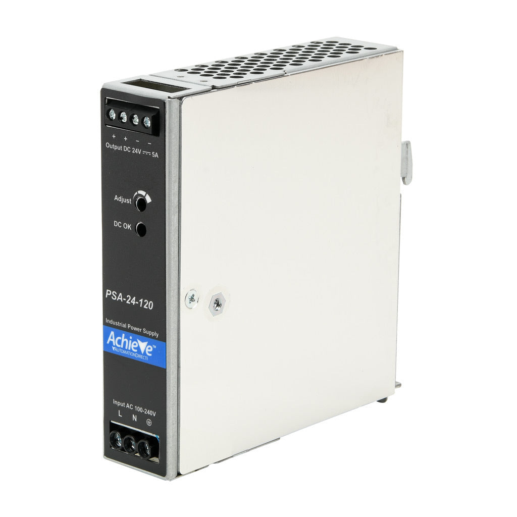 AchieVe PSA series switching power supply, 24 VDC @ 5A/120W, 120/240 VAC nominal input, 1-phase, enclosed, aluminum housing, 35mm DIN rail mount, screw terminals.-PSA-24-120